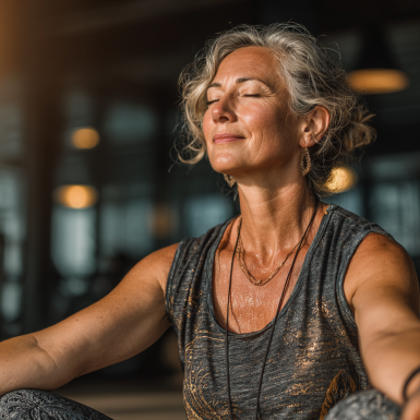 Літня жінка займається йогою на природі