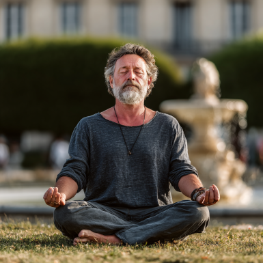 Група літніх людей займається йогою