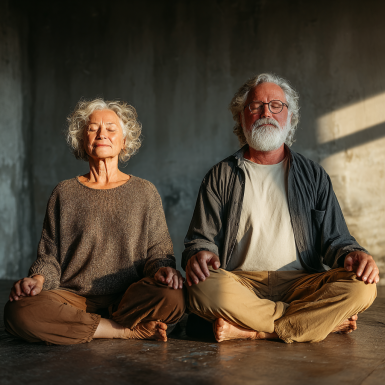 Літні люди займаються йогою в парку